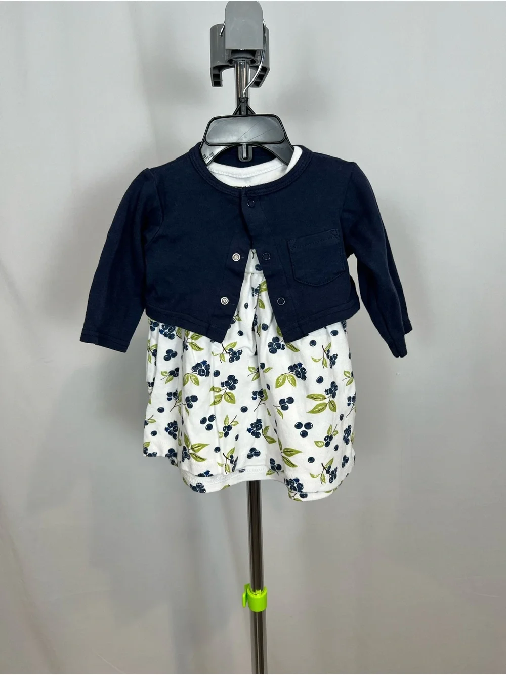 Navy Cardigan & White Blue Berry Print Baby Dress 6-9 months 100% Cotton